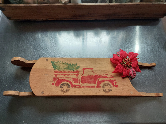 Wood Sleigh with Red Truck